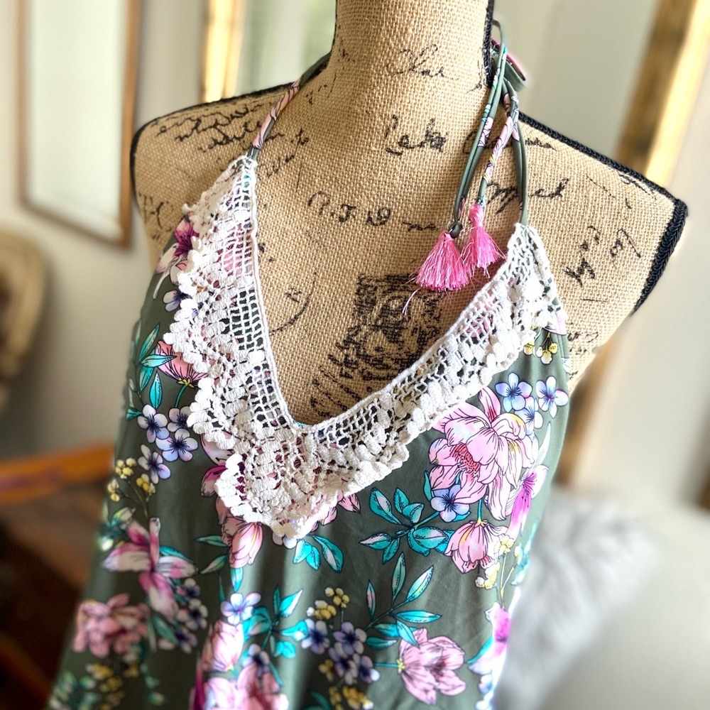 Hula Honey Green & Pink Tropic Romance Floral-Print Halter styled one piece. - Picture 4 of 9